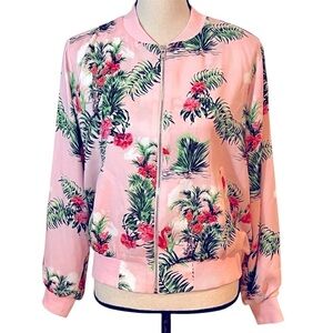 Everly Pink Flamingo & Floral Print Bomber Jacket Sz-S
